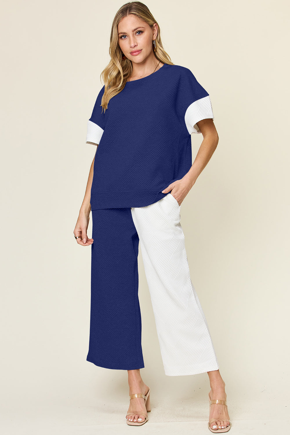 Double Take Full Size Texture Contrast T-Shirt and Wide Leg Pants Set Double Take Full Size Texture Contrast T-Shirt and Wide Leg Pants Set