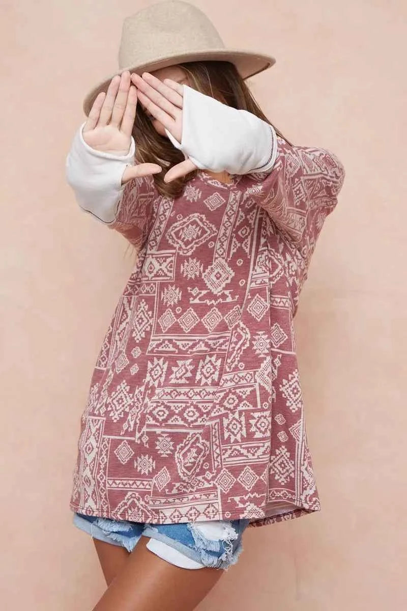 BiBi Aztec Print French Terry Top with Thumb Opening BiBi Aztec Print French Terry Top with Thumb Opening