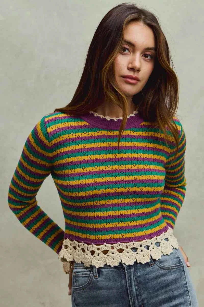 SO ME Mardi Gras Striped Cropped Knit Top with Crochet Edge SO ME Mardi Gras Striped Cropped Knit Top with Crochet Edge