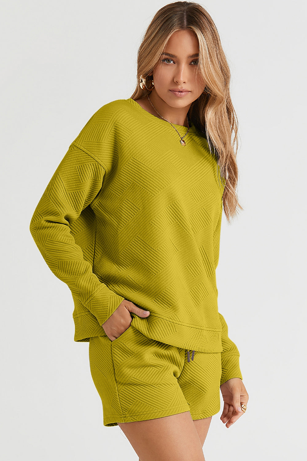 Double Take Full Size Texture Long Sleeve Top and Drawstring Shorts Set Double Take Full Size Texture Long Sleeve Top and Drawstring Shorts Set - TopFashionHQ