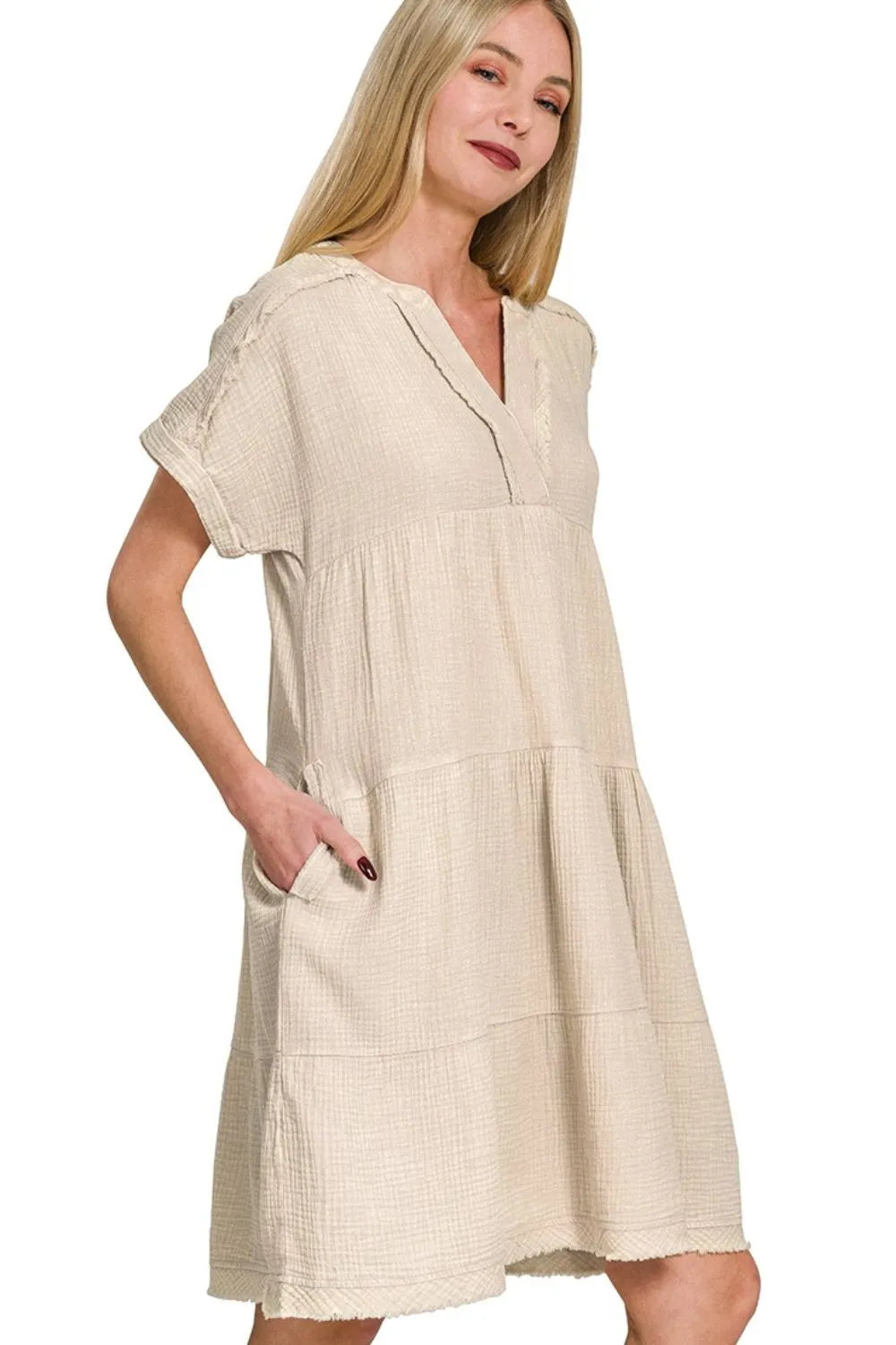 Zenana Washed Double Gauze Raw Edge V-neck Dress e0fb46a0-27a1-45e0-a0b6-89ae9816b863-Max-Origin