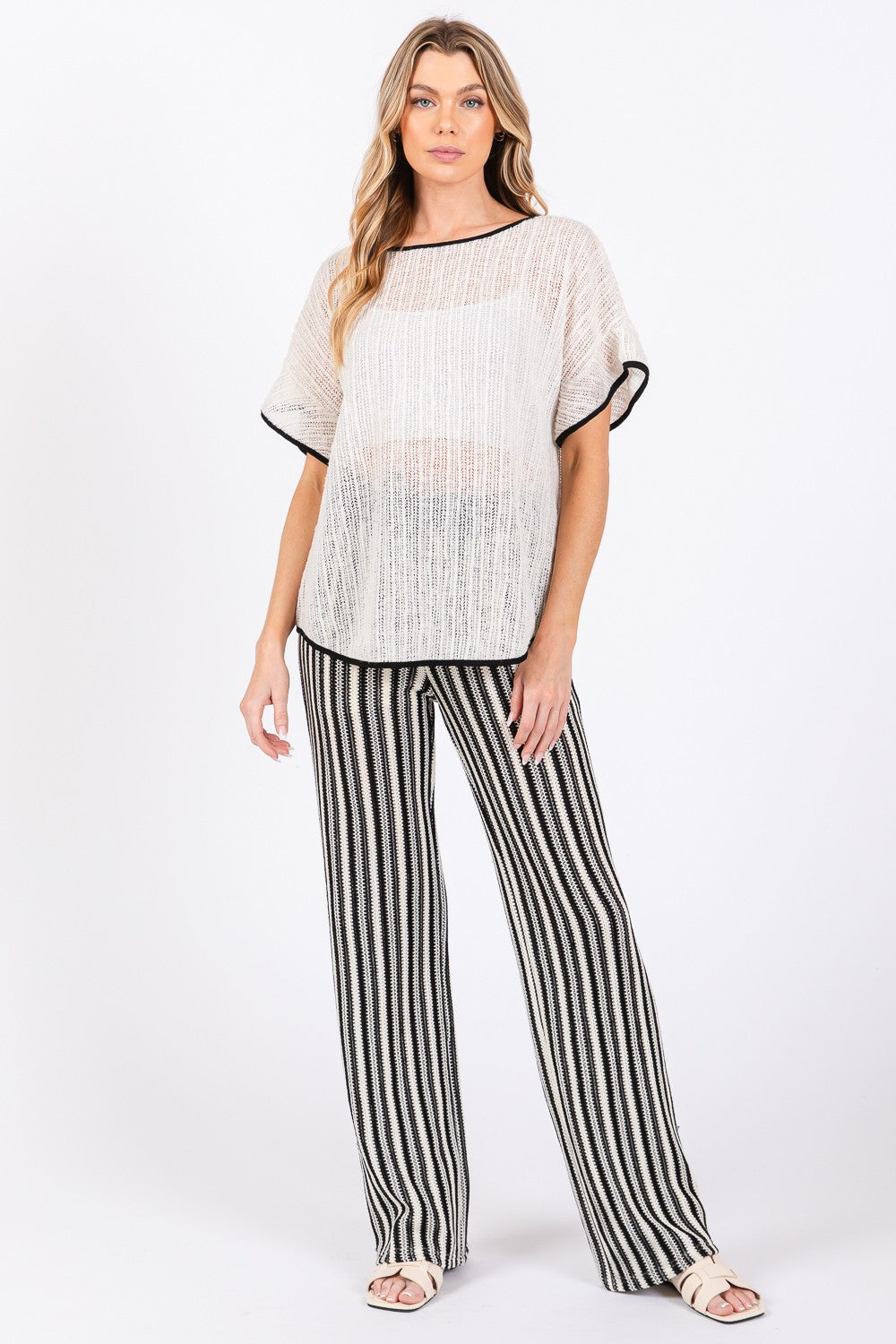 GeeGee Contrast Trim Short Sleeve Knit Cover Up GeeGee Contrast Trim Short Sleeve Knit Cover Up - TopFashionHQ
