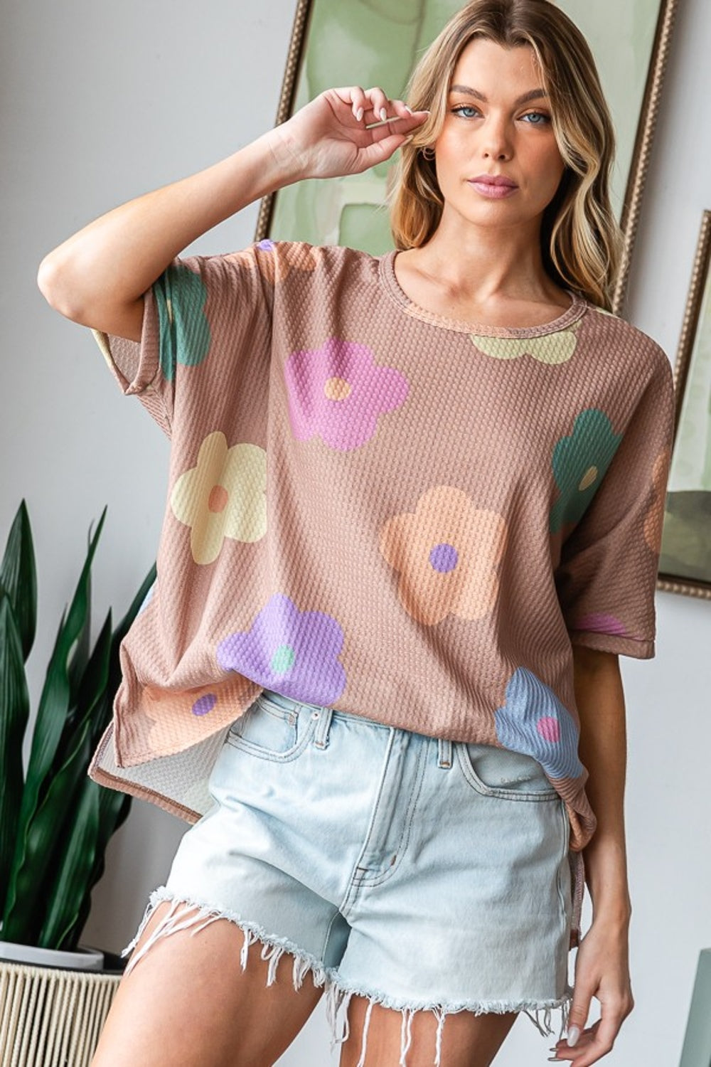 HOPELY Full Size Floral Round Neck Side Slit Waffle T-Shirt HOPELY Full Size Floral Round Neck Side Slit Waffle T-Shirt - TopFashionHQ