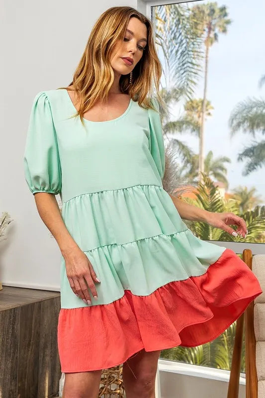 BiBi Two-Tone Balloon Sleeves U Neck Tiered Ruffle Hem Mini Dress e161ead83dbe4044b7bd7eab4163f1b8-Max-Origin