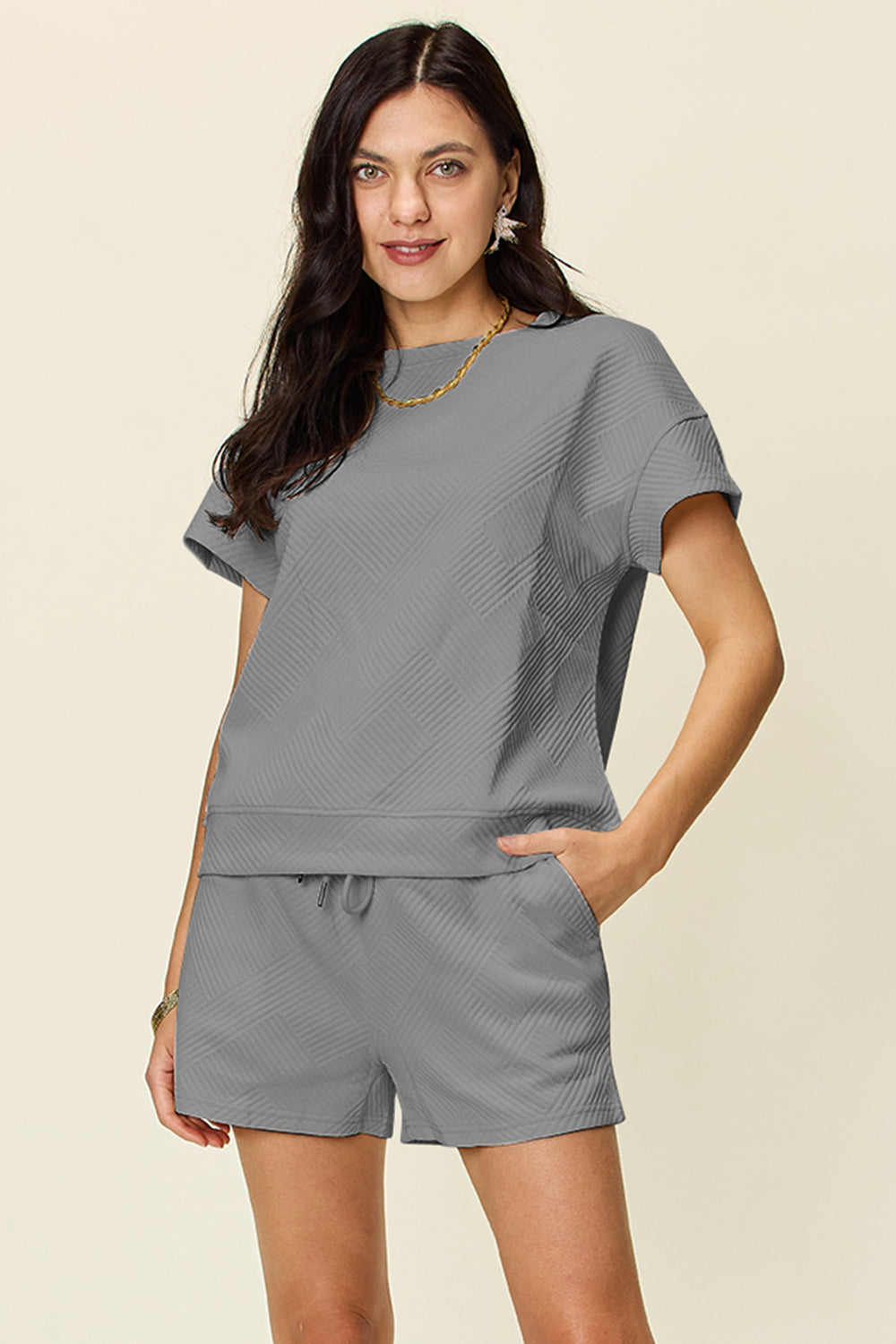 Double Take Full Size Texture Short Sleeve T-Shirt and Drawstring Shorts Set Double Take Full Size Texture Short Sleeve T-Shirt and Drawstring Shorts Set