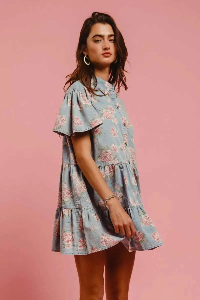 BiBi Floral Print Washed Lightweight Tiered Shirt Dress BiBi Floral Print Washed Lightweight Tiered Shirt Dress