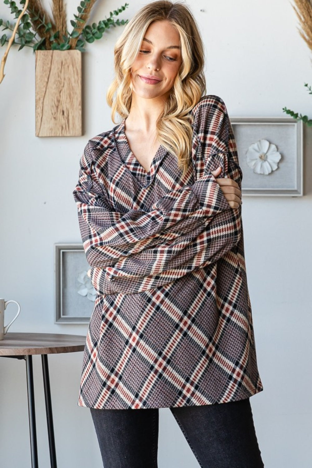 Heimish Plaid Exposed Seam V-Neck T-Shirt Heimish Plaid Exposed Seam V-Neck T-Shirt - TopFashionHQ