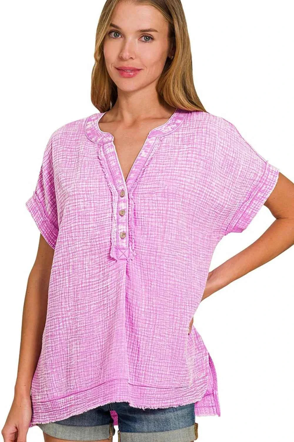 Zenana Washed Double Gauze 3/4 Button Henley Neck Shirt Zenana Washed Double Gauze 3/4 Button Henley Neck Shirt