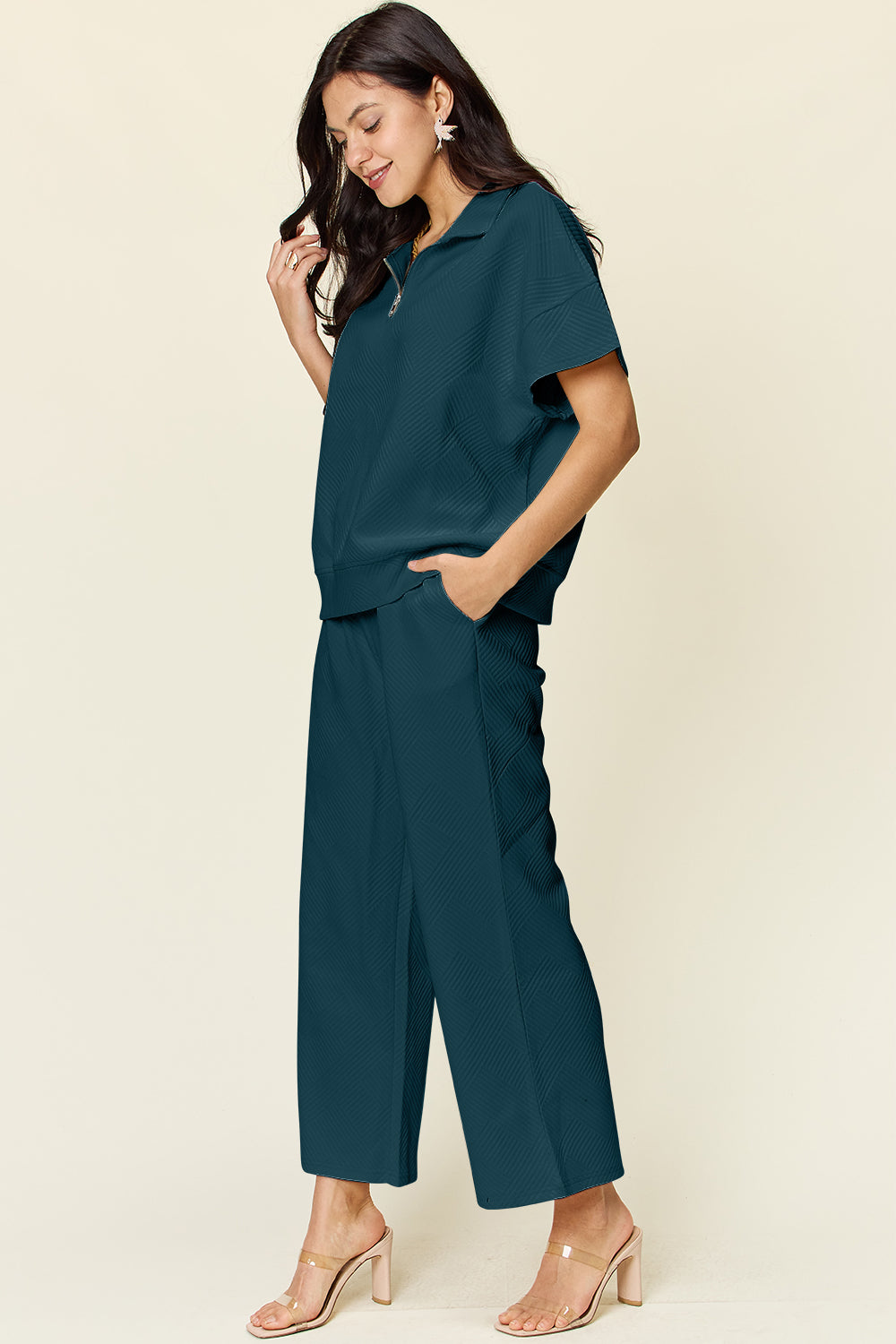 Double Take Full Size Texture Half Zip Short Sleeve Top and Pants Set Double Take Full Size Texture Half Zip Short Sleeve Top and Pants Set