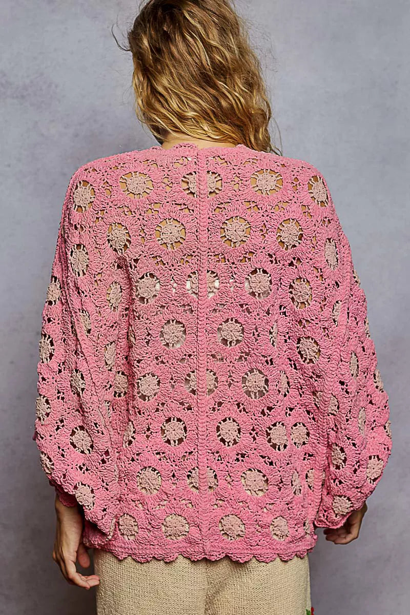 POL Openwork V-Neck Chenille Cardigan with Contrast Floral e1e94460-8684-4db8-97be-3f4ebdcd1edc-Max-Origin