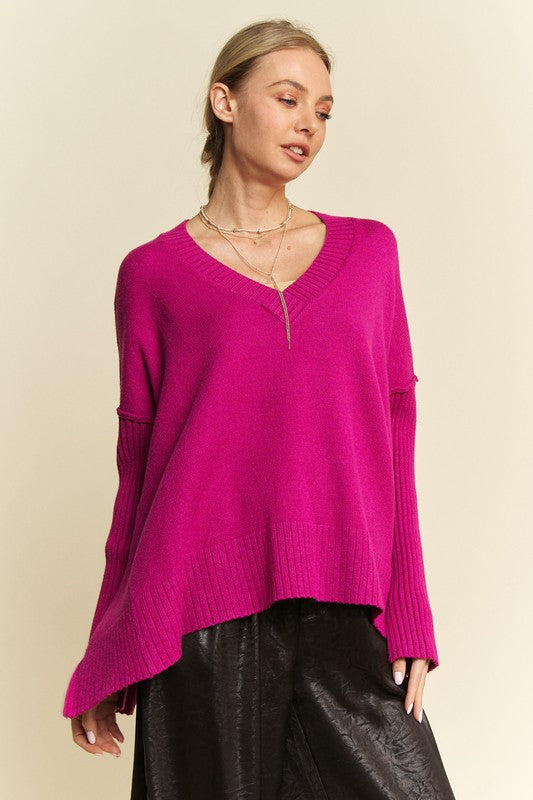 Davi & Dani Ribbed Side Slit V-Neck Sweater Davi & Dani Ribbed Side Slit V-Neck Sweater