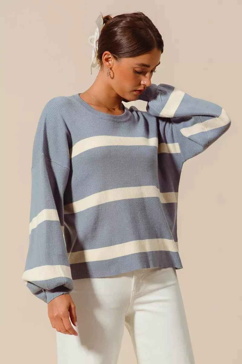 SO ME Ribbed Striped Round Neck Sweater SO ME Ribbed Striped Round Neck Sweater
