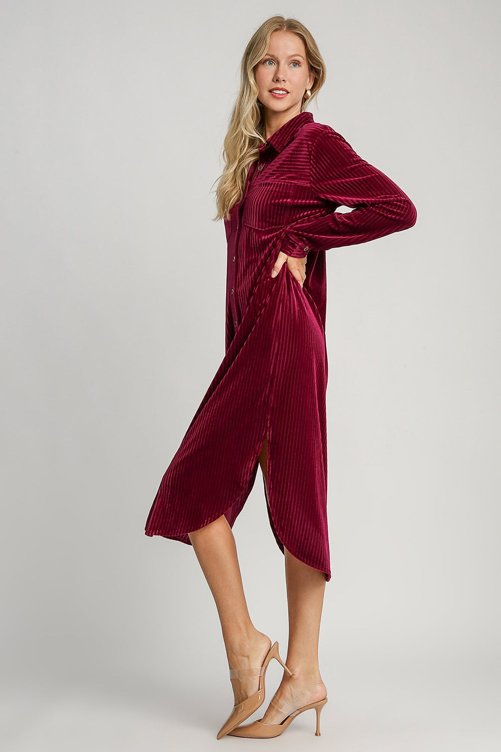 Umgee Texture Curved Hem Button Down Shirt Dress Umgee Texture Curved Hem Button Down Shirt Dress - TopFashionHQ