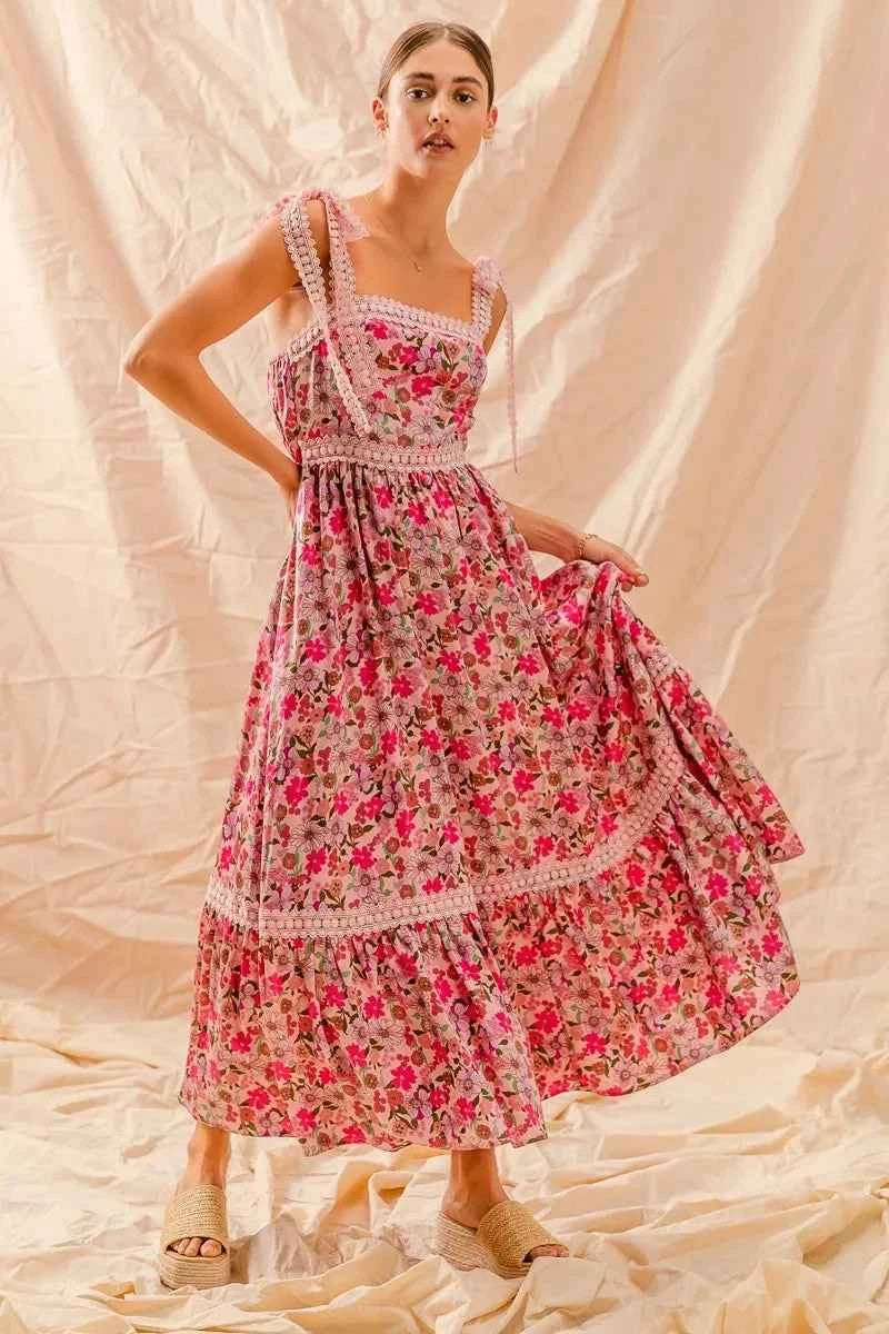 SO ME Floral Maxi Dress With Ribbon Tie Lace Strap SO ME Floral Maxi Dress With Ribbon Tie Lace Strap