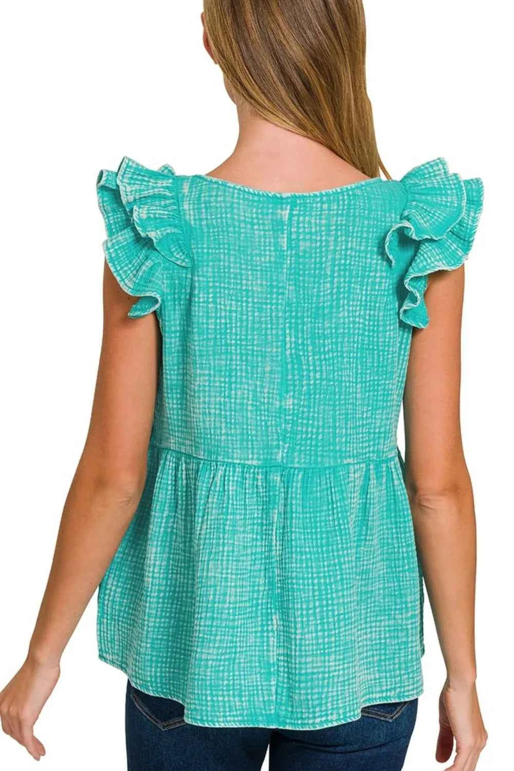 Zenana Double Gauze Acid Washed Tiered Ruffle Peplum Top Zenana Double Gauze Acid Washed Tiered Ruffle Peplum Top