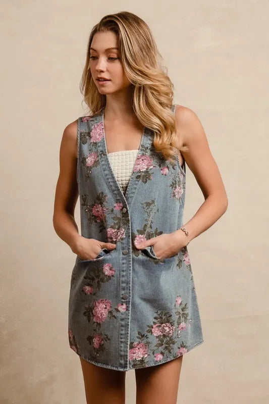 BiBi Floral Print Washed Denim Long Rider Vest e23030fd-0202-4697-ba37-b0cea2ff4462-Max-Origin