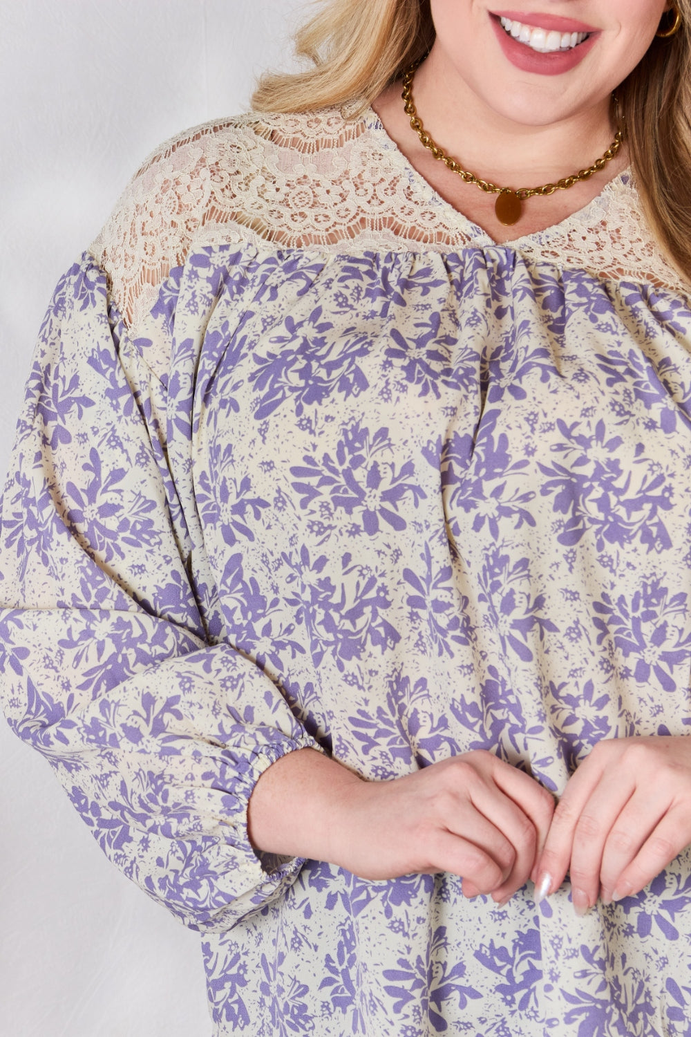 Hailey & Co Full Size Lace Detail Printed Blouse Hailey & Co Full Size Lace Detail Printed Blouse - TopFashionHQ