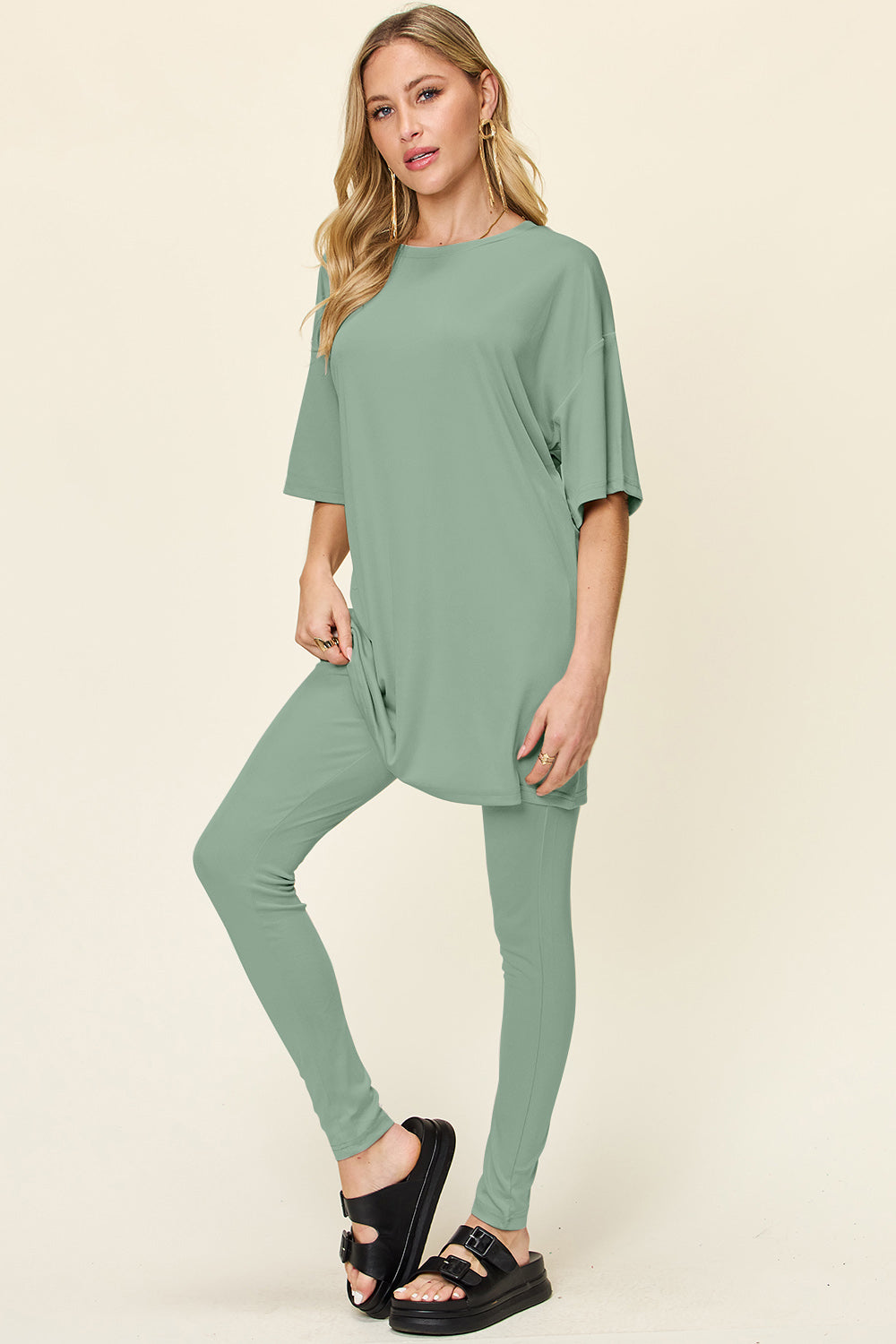 Double Take Full Size Round Neck Dropped Shoulder T-Shirt and Leggings Set Double Take Full Size Round Neck Dropped Shoulder T-Shirt and Leggings Set