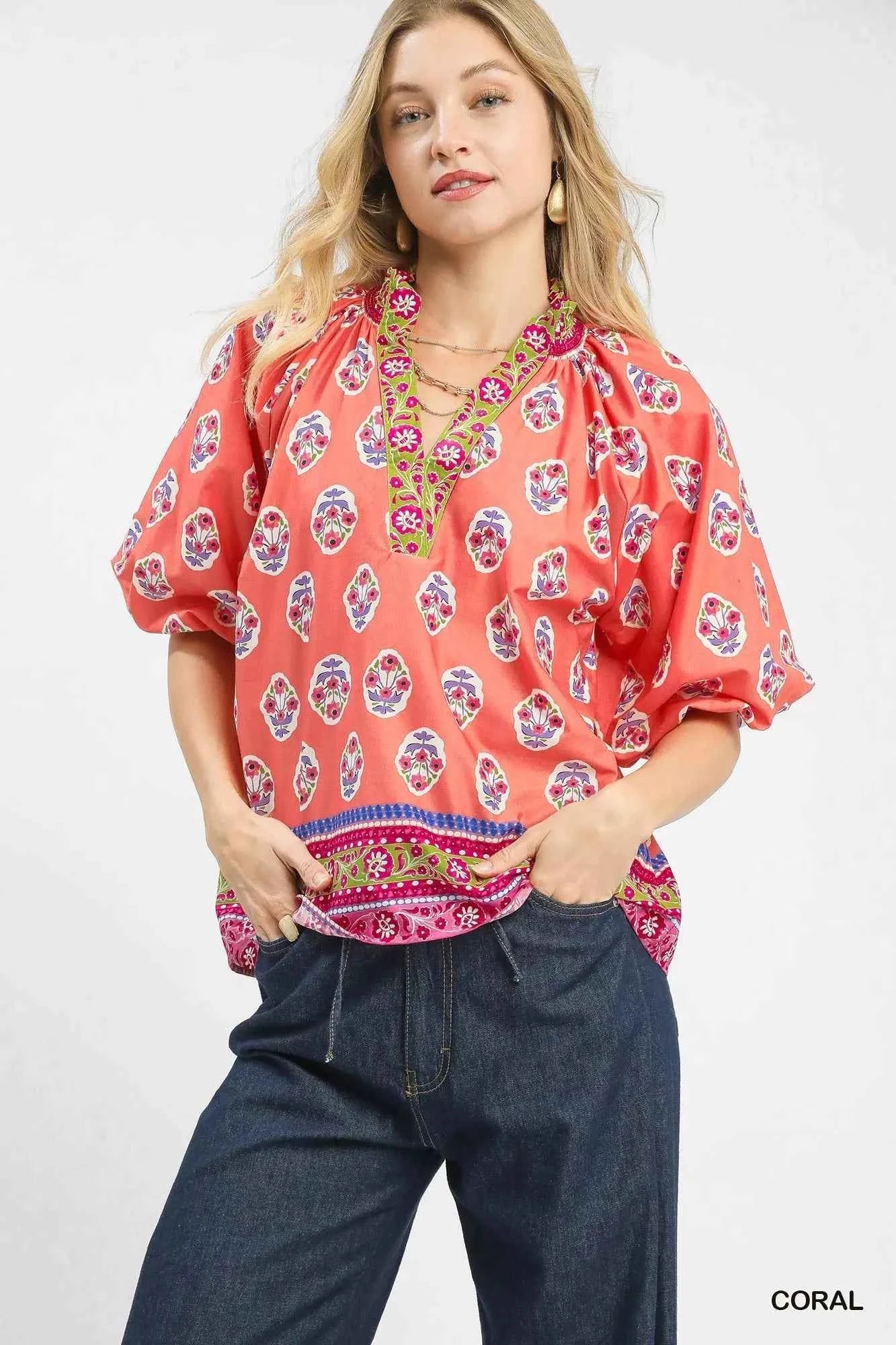 Umgee Boho Border Print Peasant Top Umgee Boho Border Print Peasant Top
