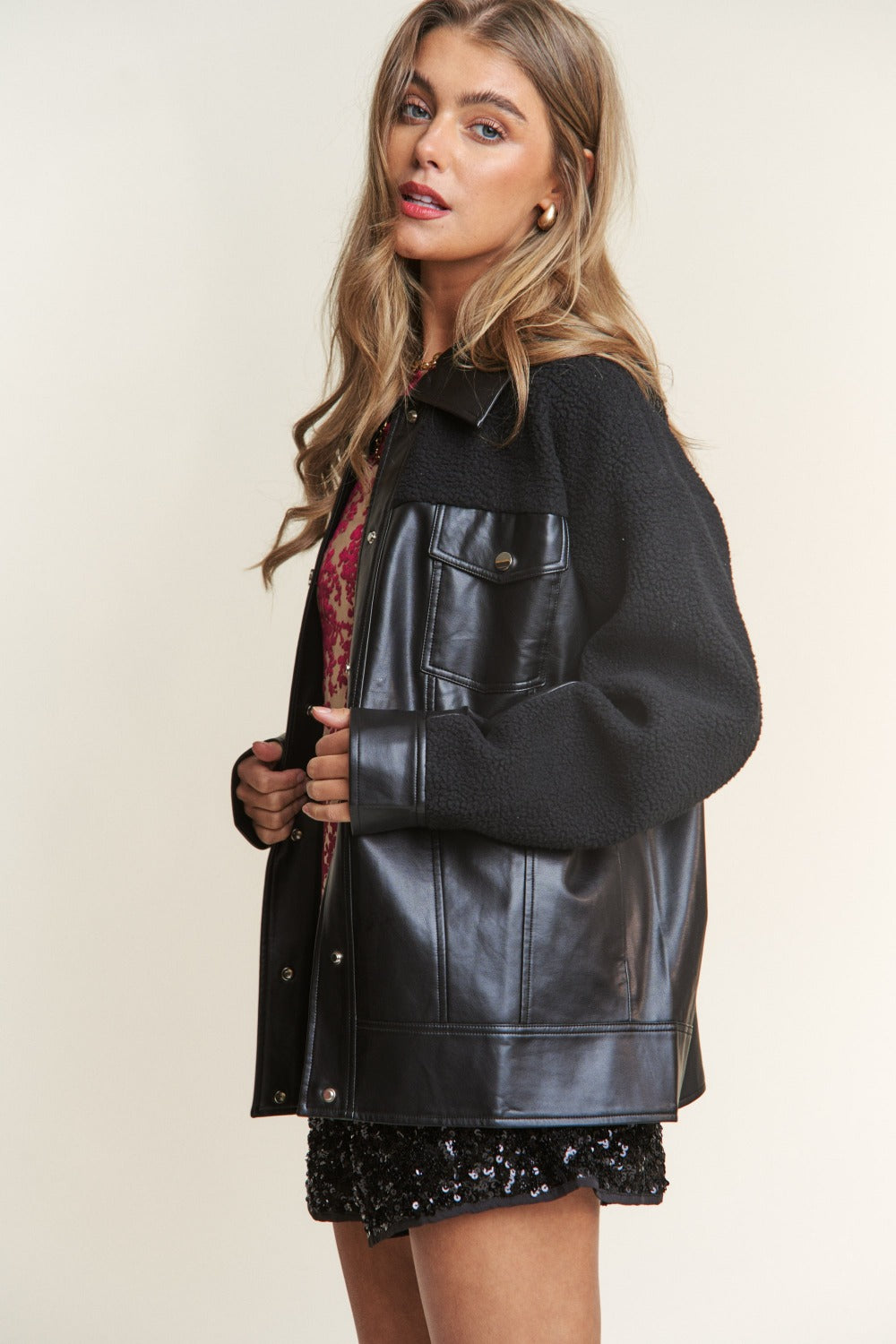 J.NNA Faux Leather Sherpa Contrast Snap Down Jacket J.NNA Faux Leather Sherpa Contrast Snap Down Jacket