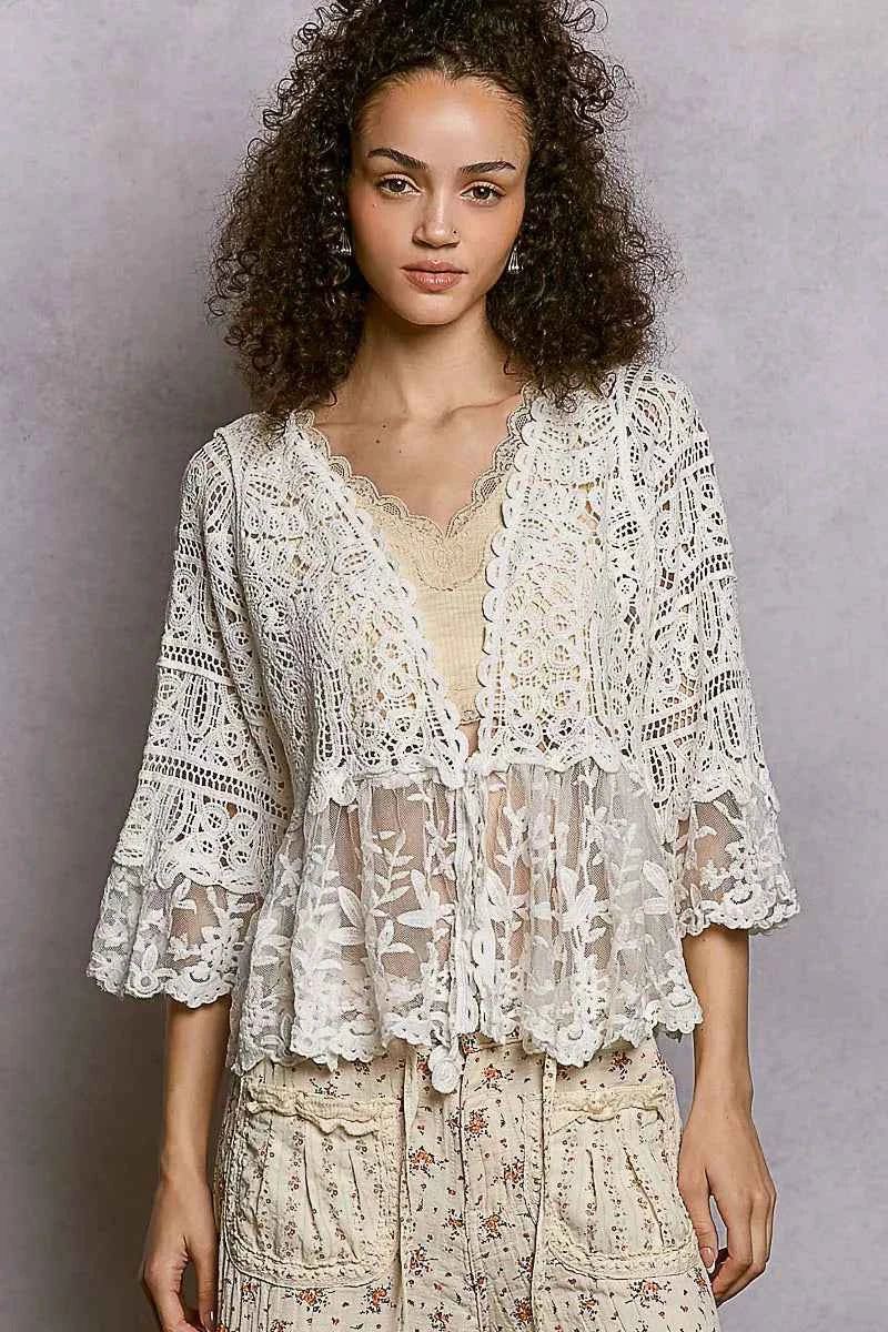 POL Floral Lace Short Sleeve Crochet Cardigan with Tassel Tie POL Floral Lace Short Sleeve Crochet Cardigan with Tassel Tie