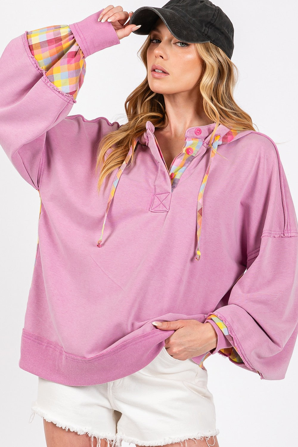 SAGE + FIG Full Size Plaid Print Washed Hoodie SAGE + FIG Full Size Plaid Print Washed Hoodie