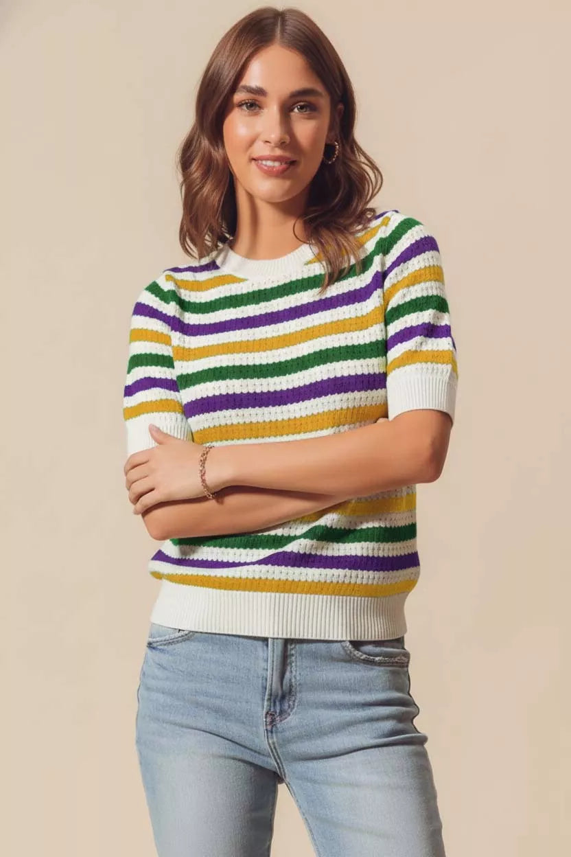 SO ME Mardi Gras Crew Neck Stripe Breathable Sweater e2cb94cb-5d06-43ee-baa7-9312d0ea9691-Max-Origin