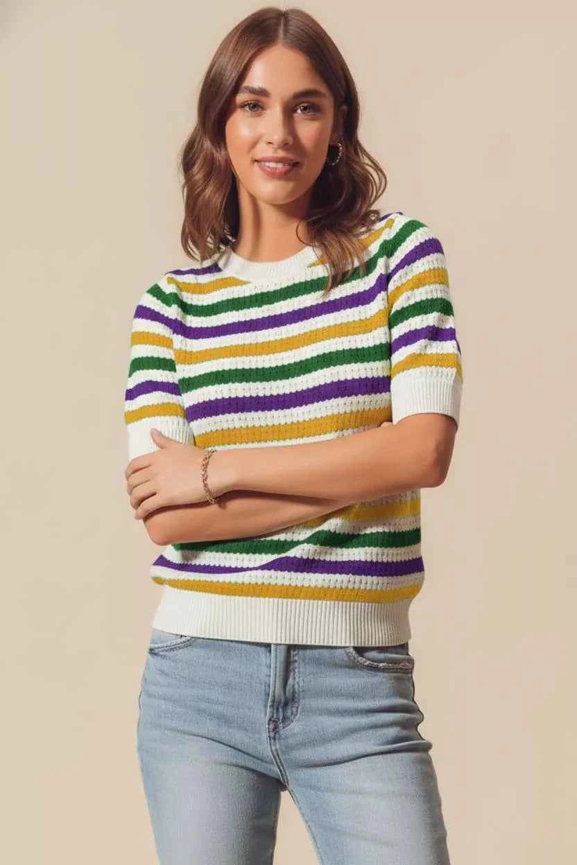 SO ME Mardi Gras Crew Neck Stripe Breathable Sweater SO ME Mardi Gras Crew Neck Stripe Breathable Sweater
