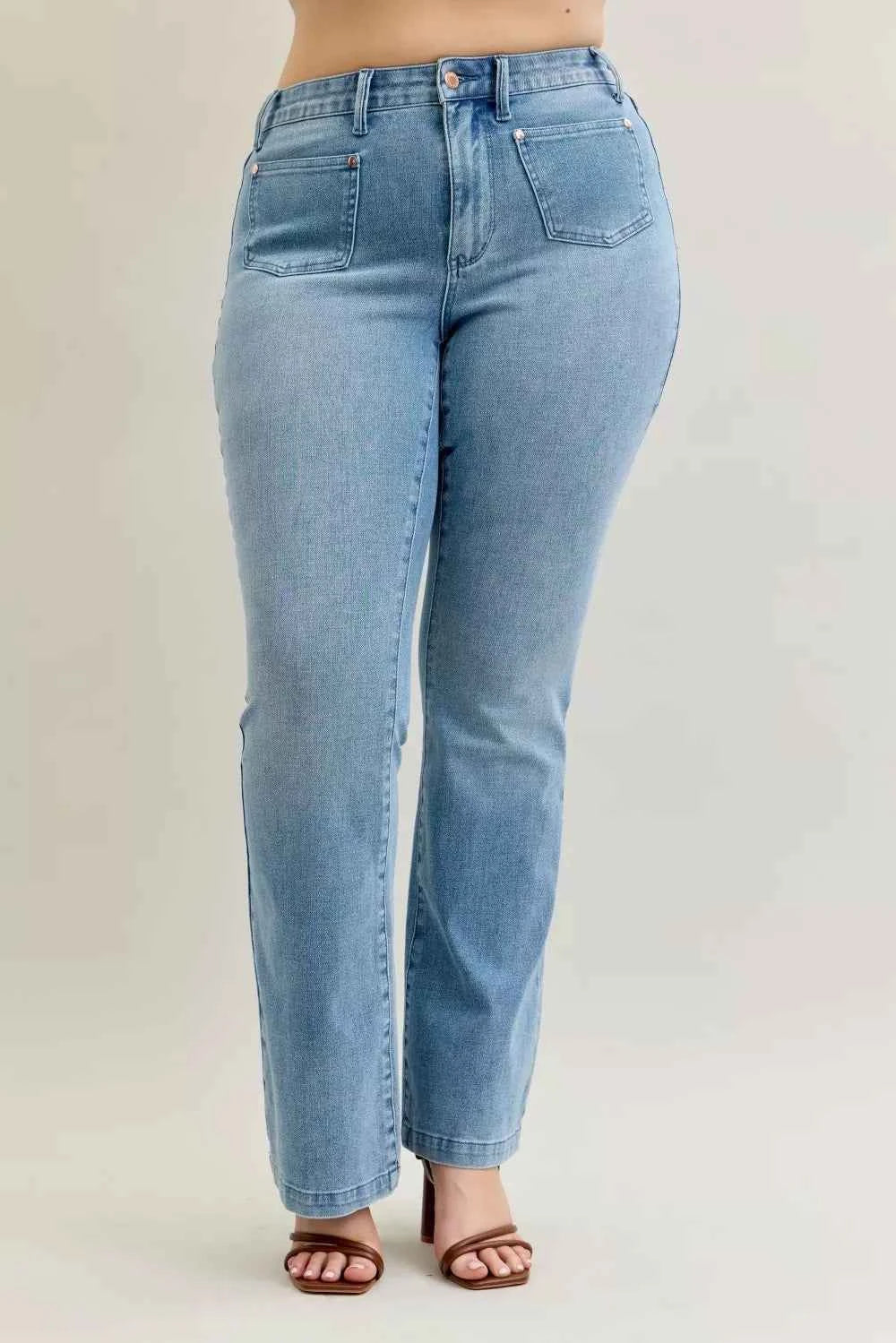 Judy Blue Full Size Mid Rise Bootcut Jeans with Contrast Wash & Front Patch Pockets Plus Size Judy Blue Full Size Mid Rise Bootcut Jeans with Contrast Wash & Front Patch Pockets Plus Size