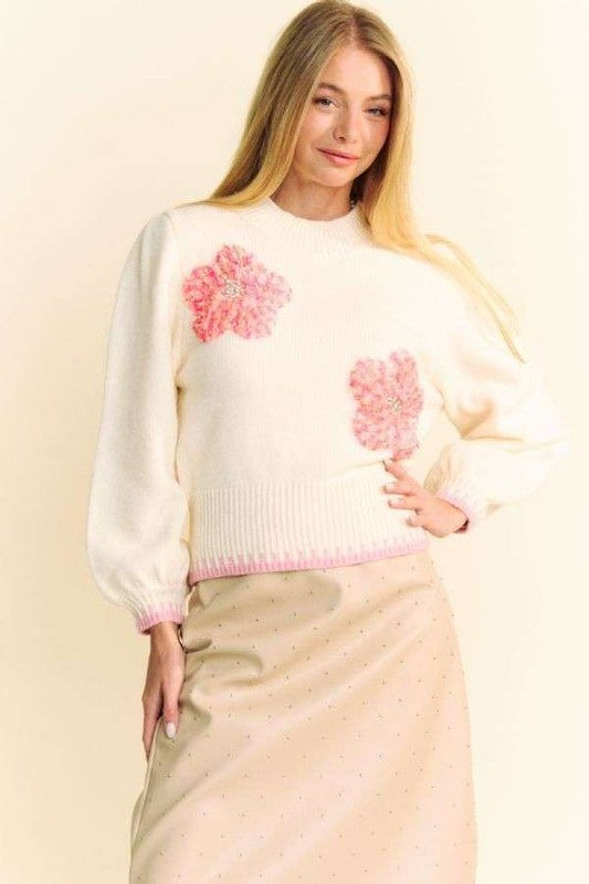 Davi & Dani Flower Patch Fuzzy Mock Neck Sweater Davi & Dani Flower Patch Fuzzy Mock Neck Sweater