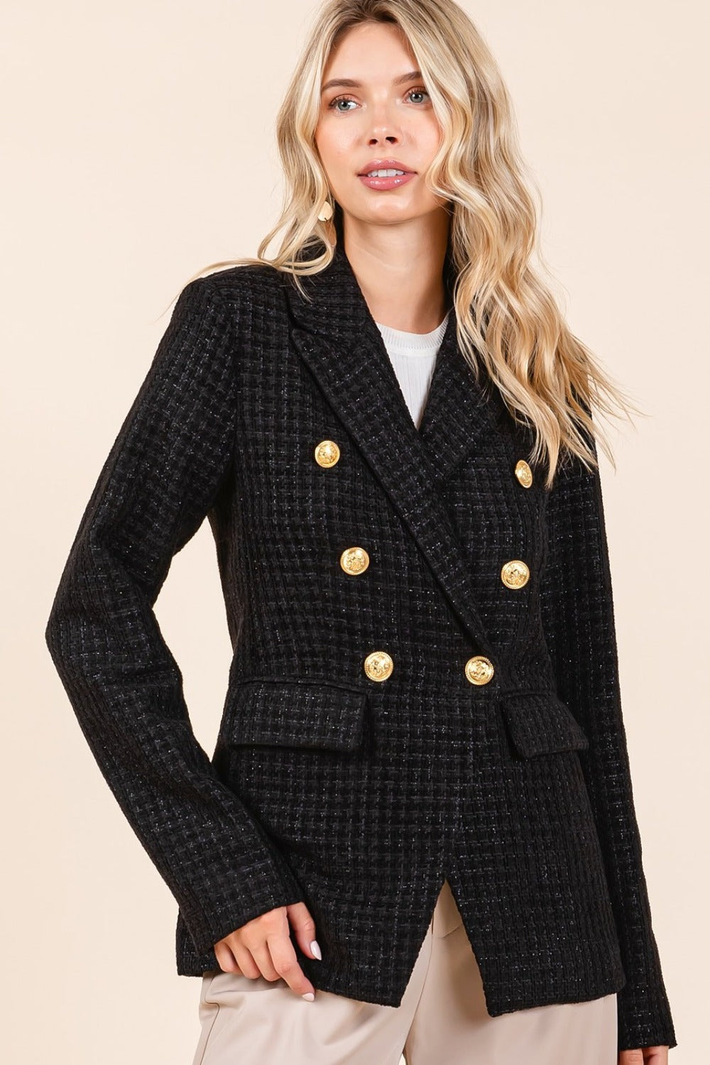 Mittoshop Plaid Texture Double-Breasted Long Sleeve Blazer Mittoshop Plaid Texture Double-Breasted Long Sleeve Blazer