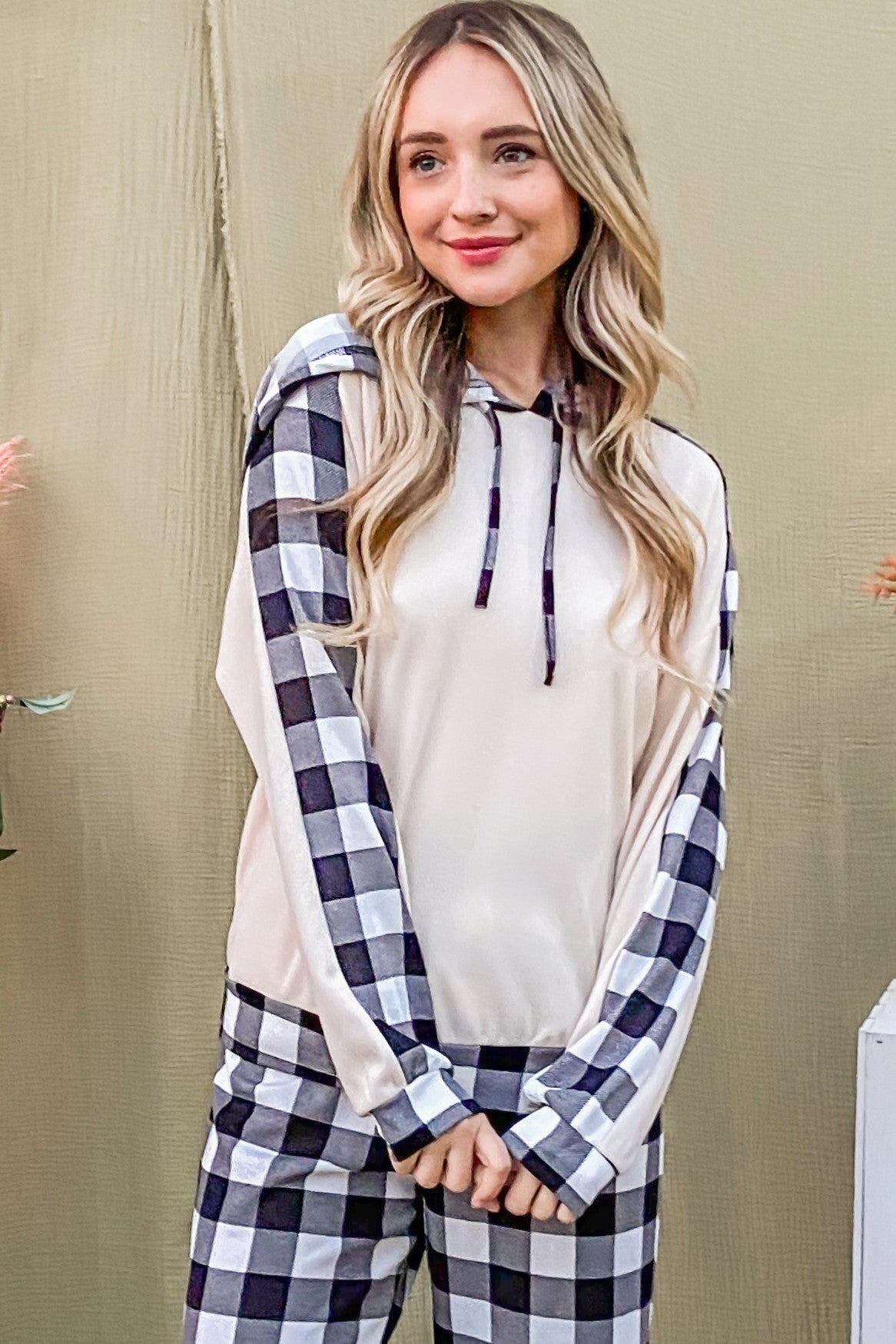 And The Why Drawstring Hooded Top and Plaid Pants Lounge Set And The Why Drawstring Hooded Top and Plaid Pants Lounge Set