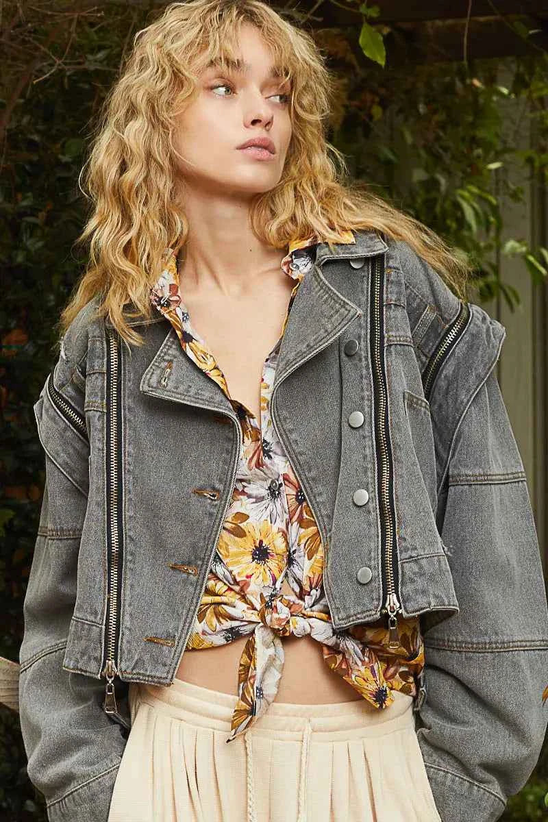 POL Cropped Denim Jacket with Functional Zipper Detail POL Cropped Denim Jacket with Functional Zipper Detail