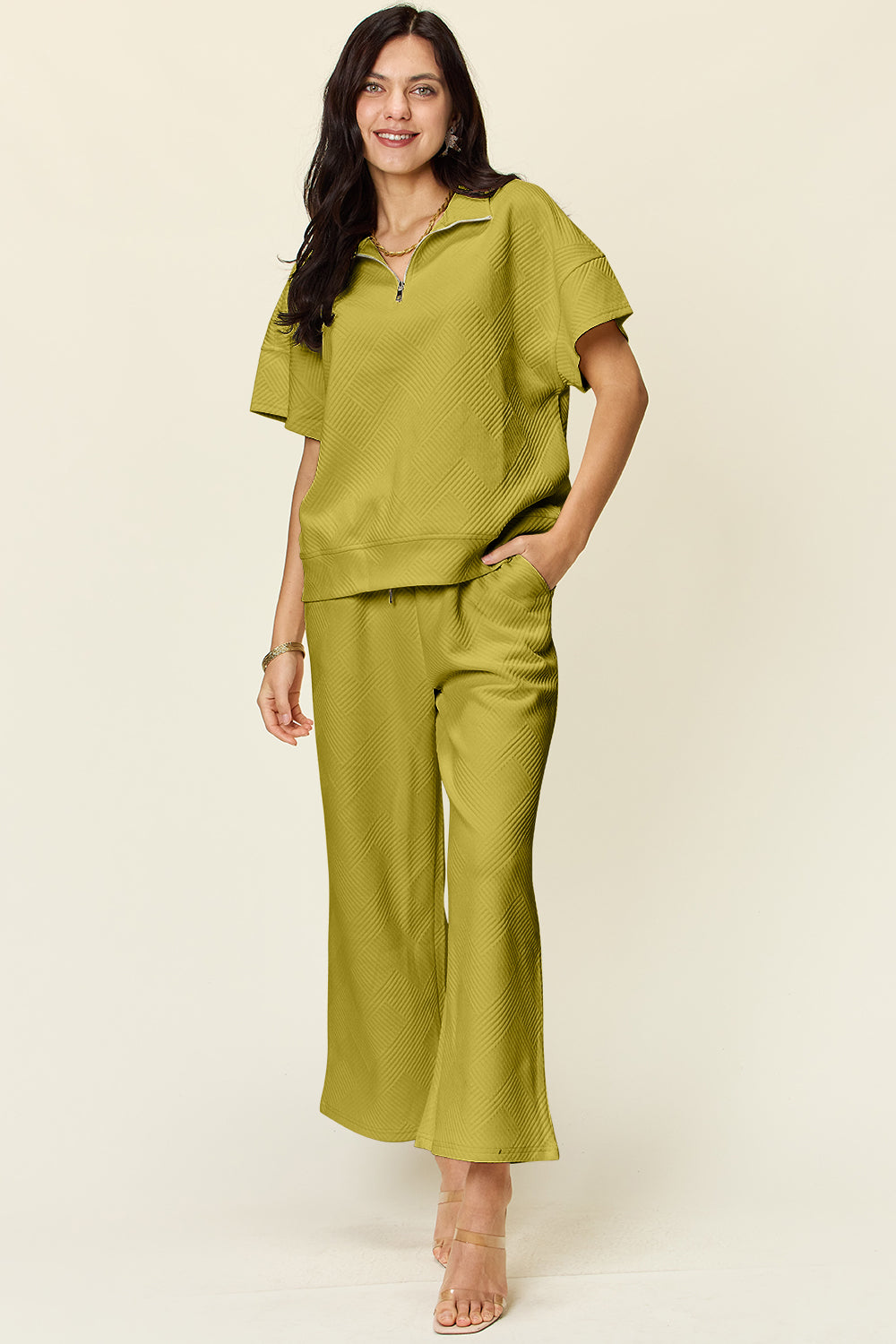 Double Take Full Size Texture Half Zip Short Sleeve Top and Pants Set Double Take Full Size Texture Half Zip Short Sleeve Top and Pants Set