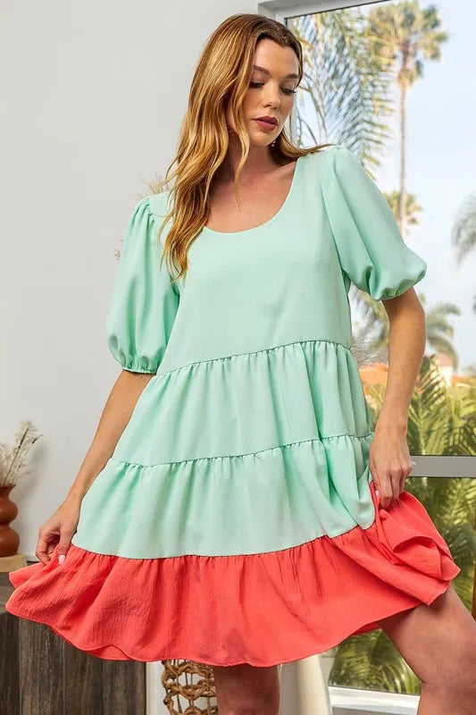 BiBi Two-Tone Balloon Sleeves U Neck Tiered Ruffle Hem Mini Dress e375cf7385f446f785cca233cf49ec59-Max-Origin