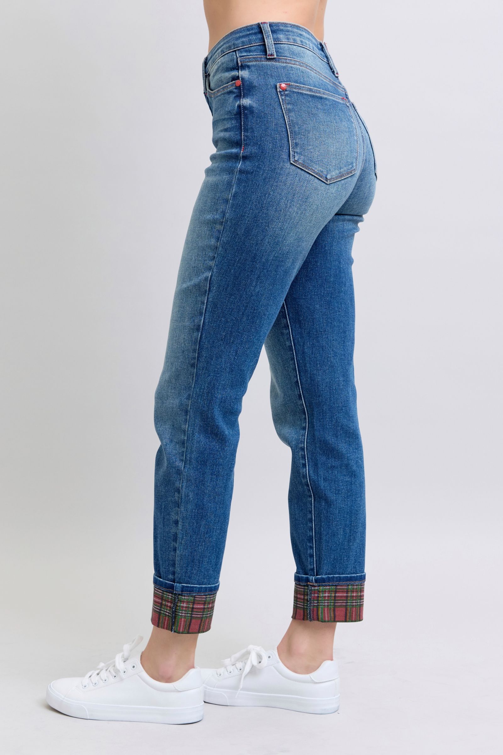 Judy Blue Full Size Plaid Print Cuff Straight Leg Jeans with Pockets Judy Blue Full Size Plaid Print Cuff Straight Leg Jeans with Pockets - TopFashionHQ