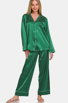 Zenana Satin Long Sleeve Shirt and Pants Pajama Set - TopFashionHQ