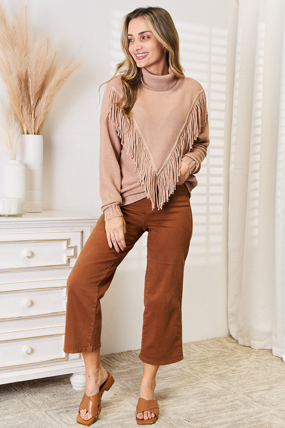 Woven Right Turtleneck Fringe Front Long Sleeve Sweater Woven Right Turtleneck Fringe Front Long Sleeve Sweater - TopFashionHQ