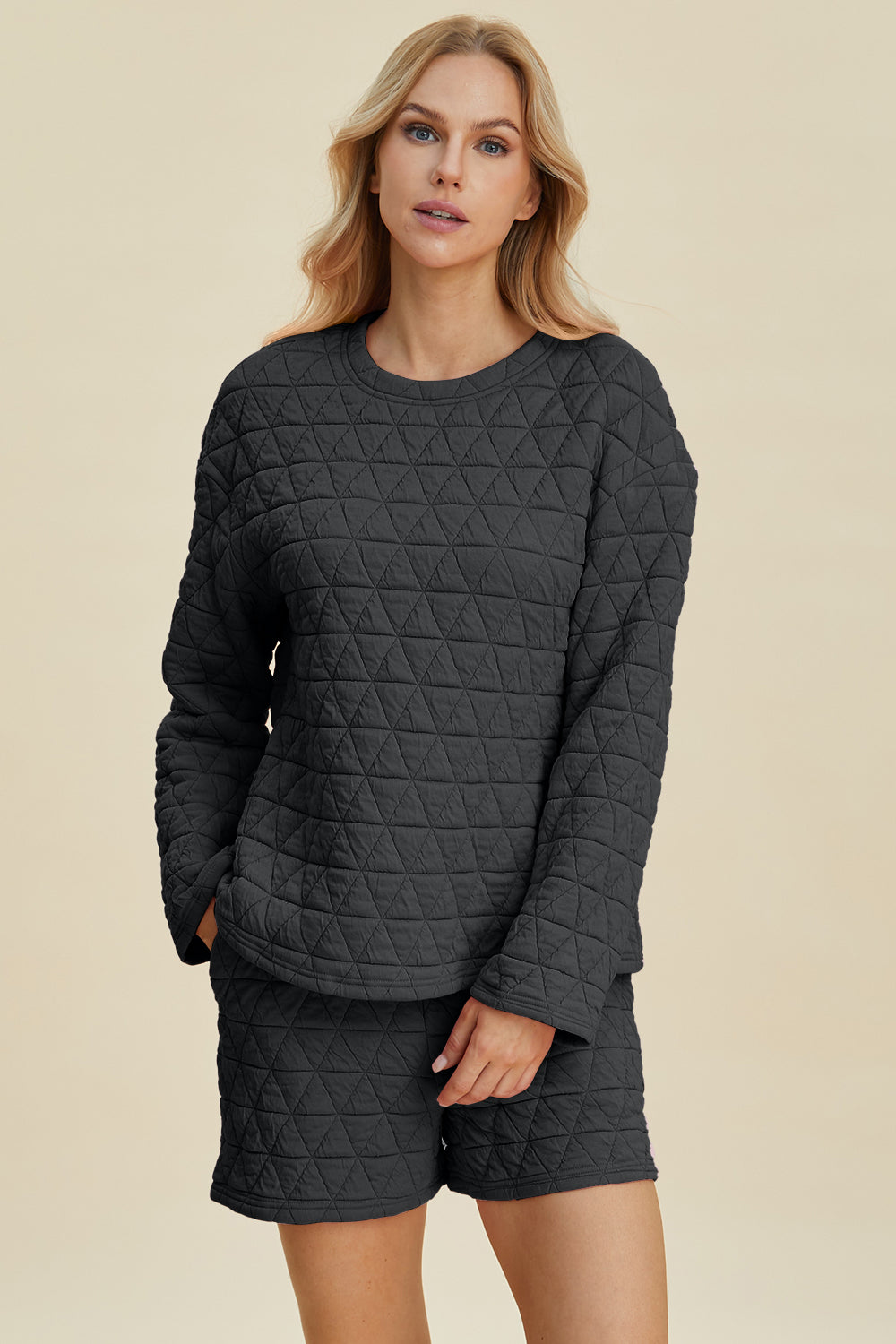 Double Take Full Size Texture Round Neck Long Sleeve Top and Shorts Set Double Take Full Size Texture Round Neck Long Sleeve Top and Shorts Set