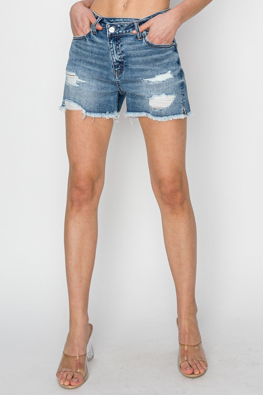 RISEN Stepped Waist Frayed Denim Shorts RISEN Stepped Waist Frayed Denim Shorts - TopFashionHQ