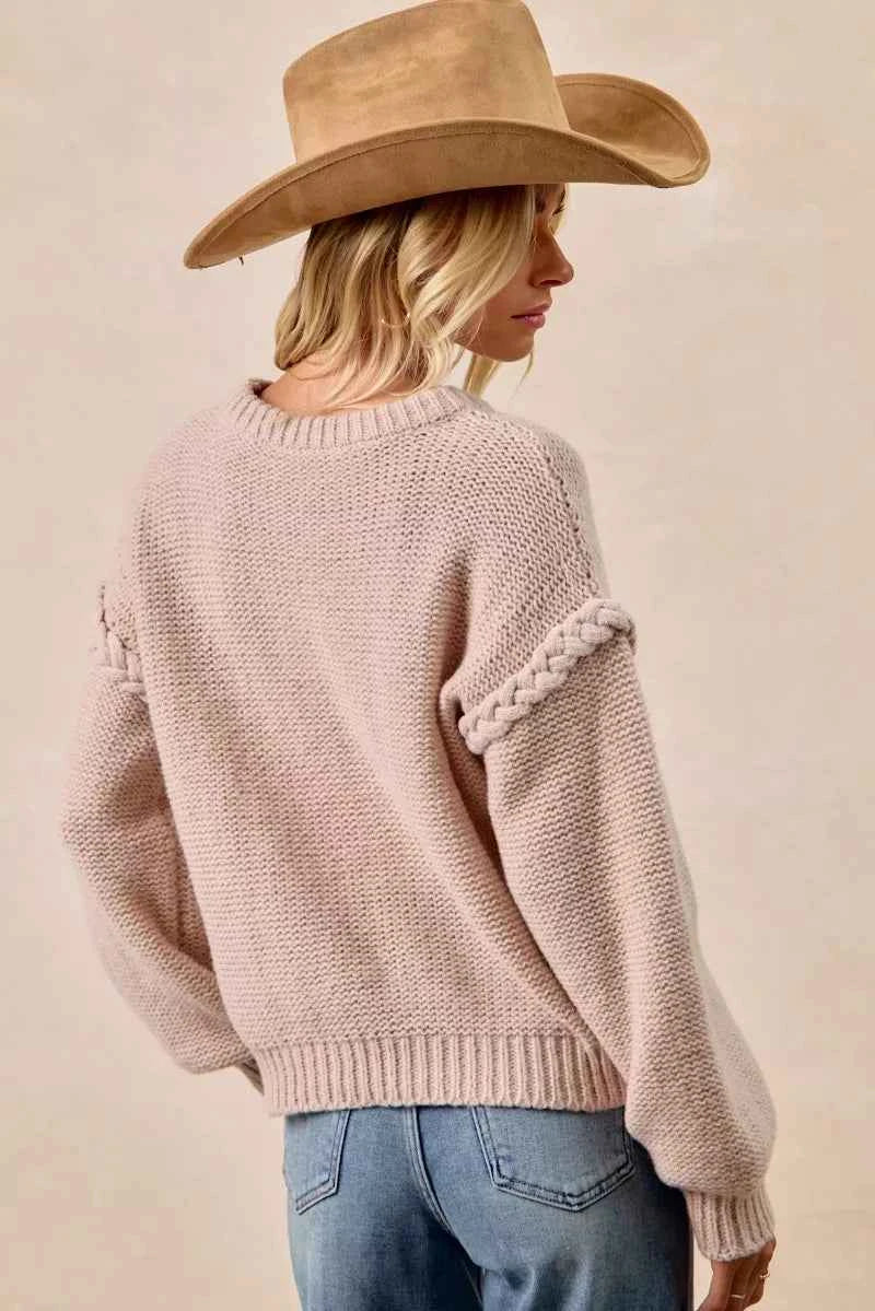 BiBi Cable Knit Sweater with Shoulder Braid Detail BiBi Cable Knit Sweater with Shoulder Braid Detail