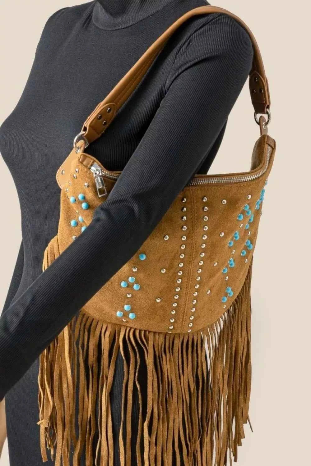 Fame Studded Pattern Multi Fringe Hobo Shoulder Bag Fame Studded Pattern Multi Fringe Hobo Shoulder Bag