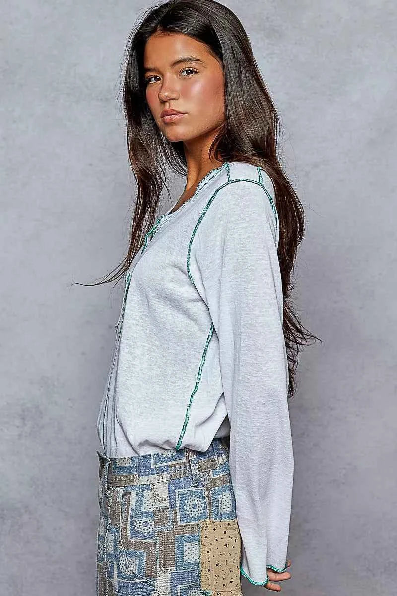 POL Round Neck Long Sleeve Top with Contrast Stitching POL Round Neck Long Sleeve Top with Contrast Stitching