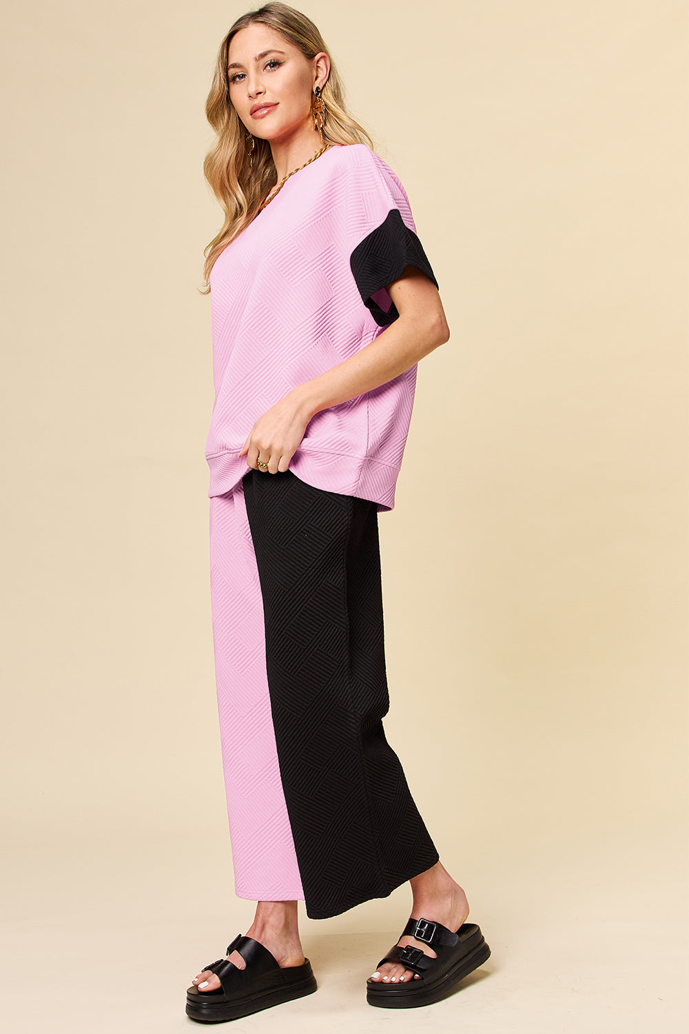 Double Take Full Size Texture Contrast T-Shirt and Wide Leg Pants Set Double Take Full Size Texture Contrast T-Shirt and Wide Leg Pants Set