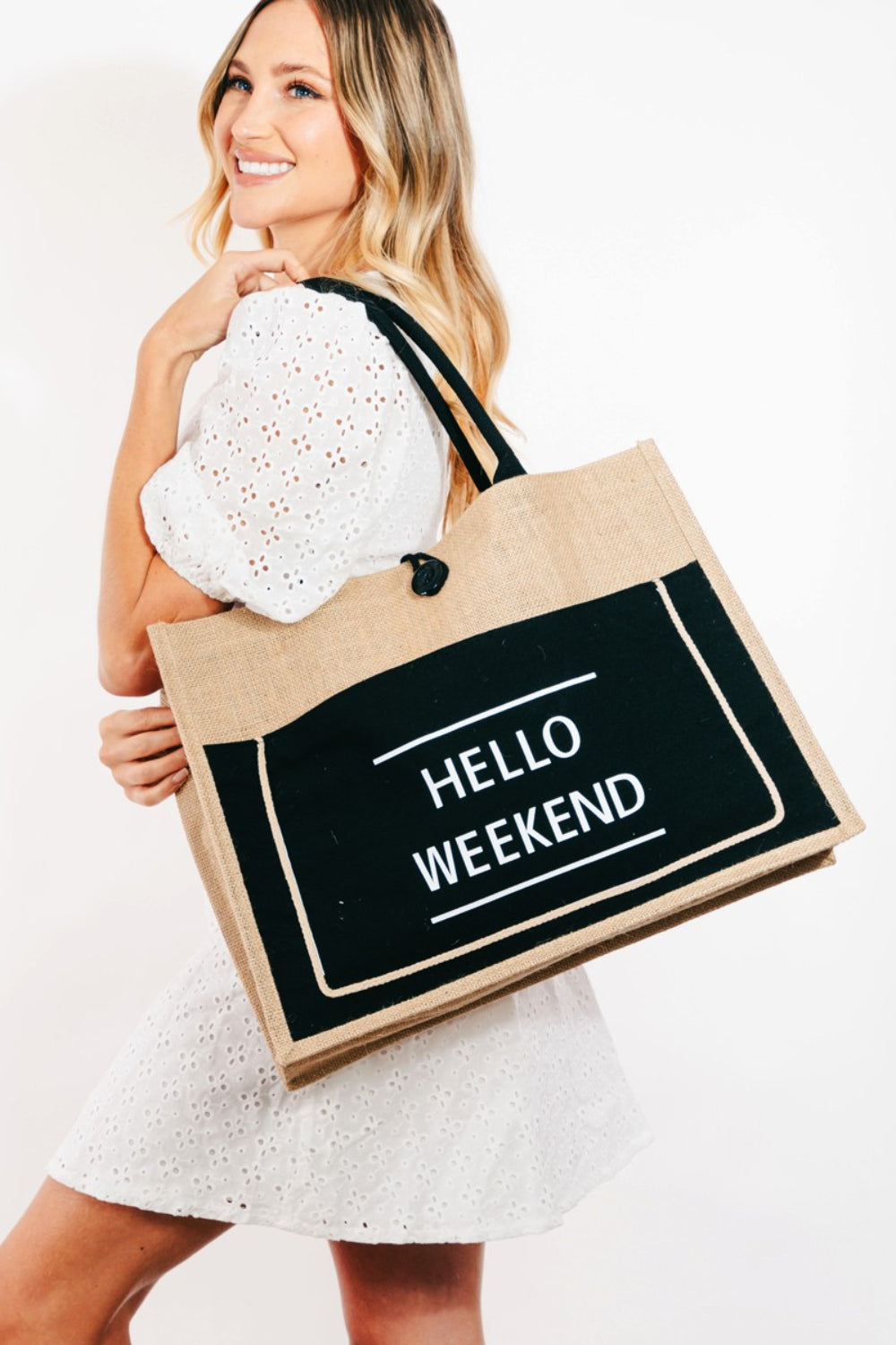 Fame Hello Weekend Burlap Tote Bag Fame Hello Weekend Burlap Tote Bag