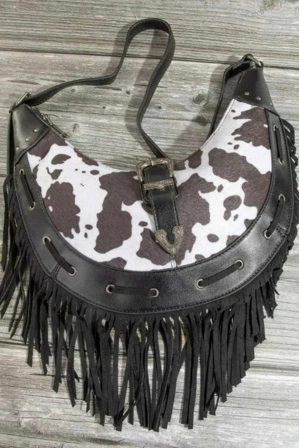 Fame Cow Print Faux Leather Fringe Hobo Bag Fame Cow Print Faux Leather Fringe Hobo Bag