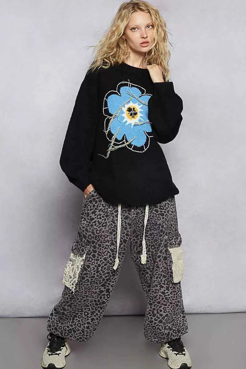 POL Floral Pattern Round Neck Sweater with Exposed Stitching POL Floral Pattern Round Neck Sweater with Exposed Stitching