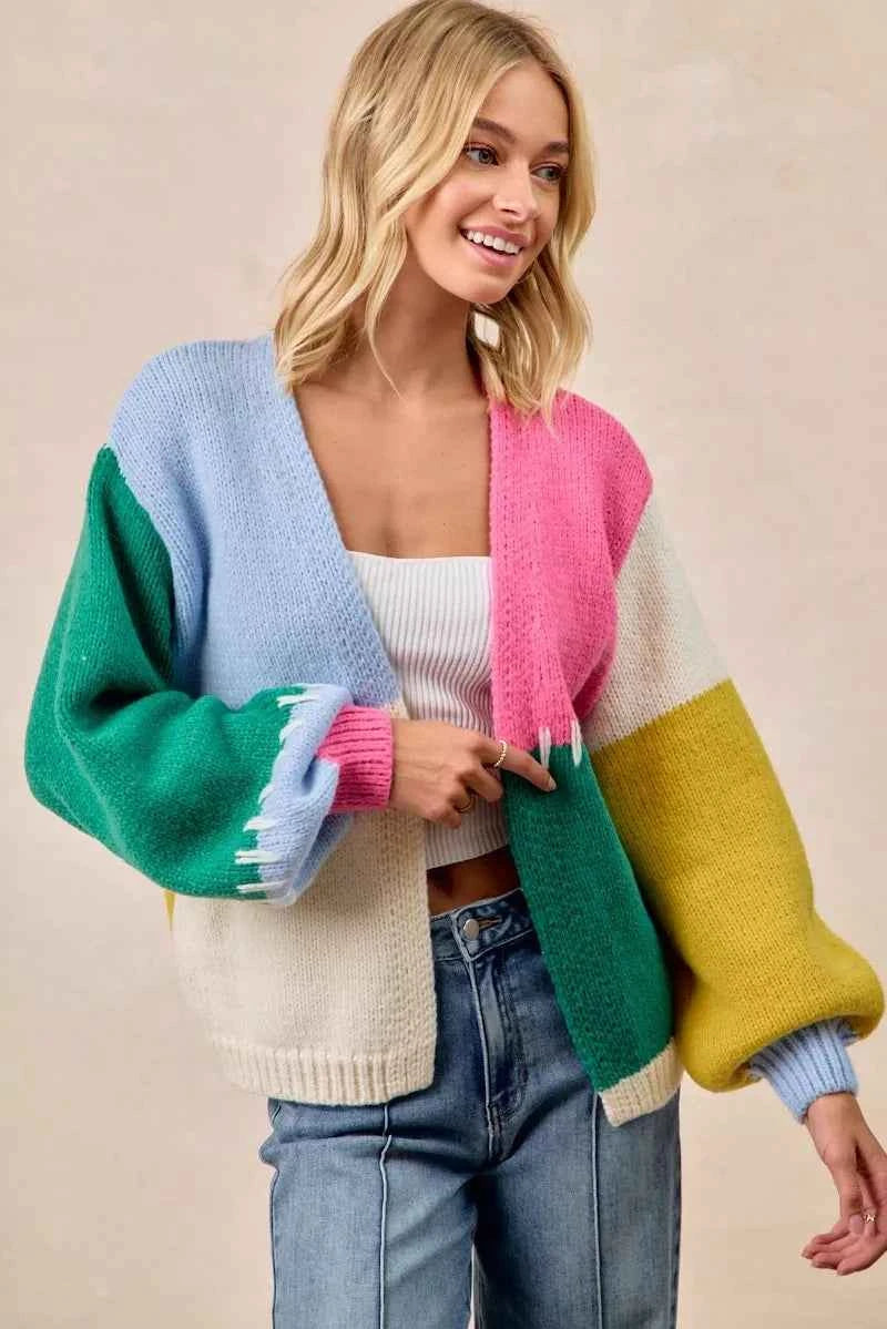 BiBi Color Block Open Front Sweater Cardigan BiBi Color Block Open Front Sweater Cardigan