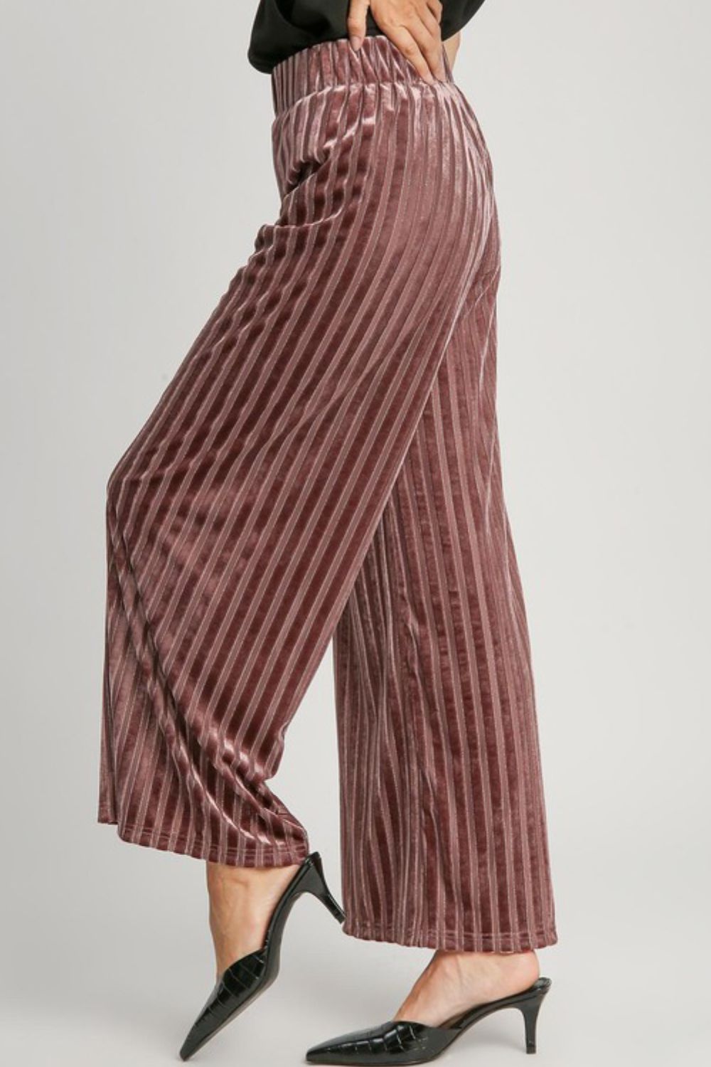 Umgee Full Size Elastic Waist Striped Wide Leg Velvet Pants Umgee Full Size Elastic Waist Striped Wide Leg Velvet Pants - TopFashionHQ