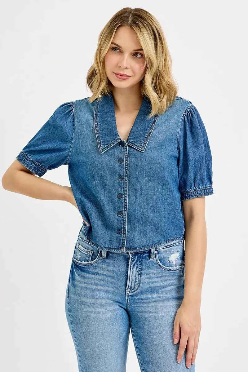 RISEN Button Down Puff Sleeve Crop Denim Shirt RISEN Button Down Puff Sleeve Crop Denim Shirt